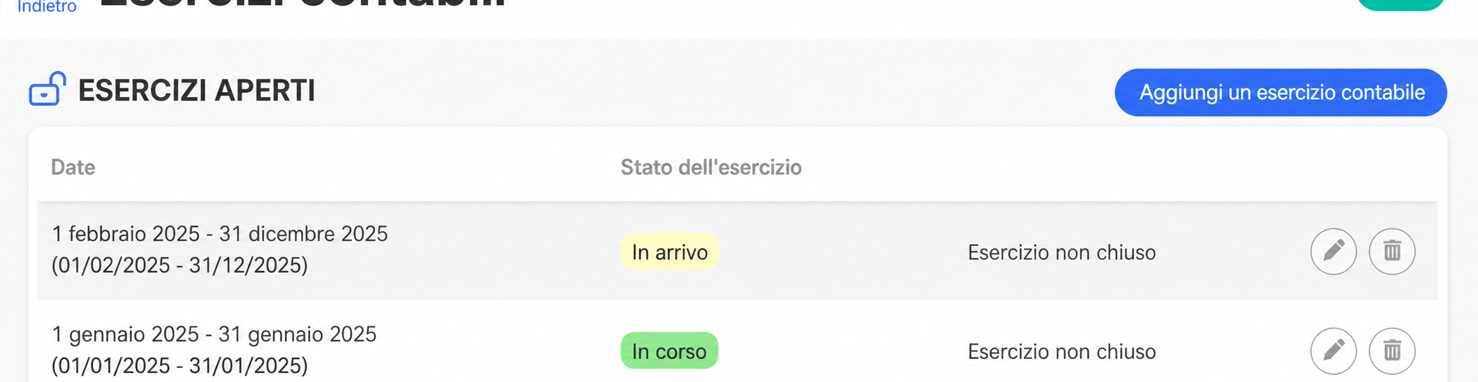 Pagina « Exercices comptables » che mostra due esercizi aperti: uno « À venir » (02/2025–12/2025) e uno « En cours » (01/2024–01/2025), con le date incorniciate in rosso.
