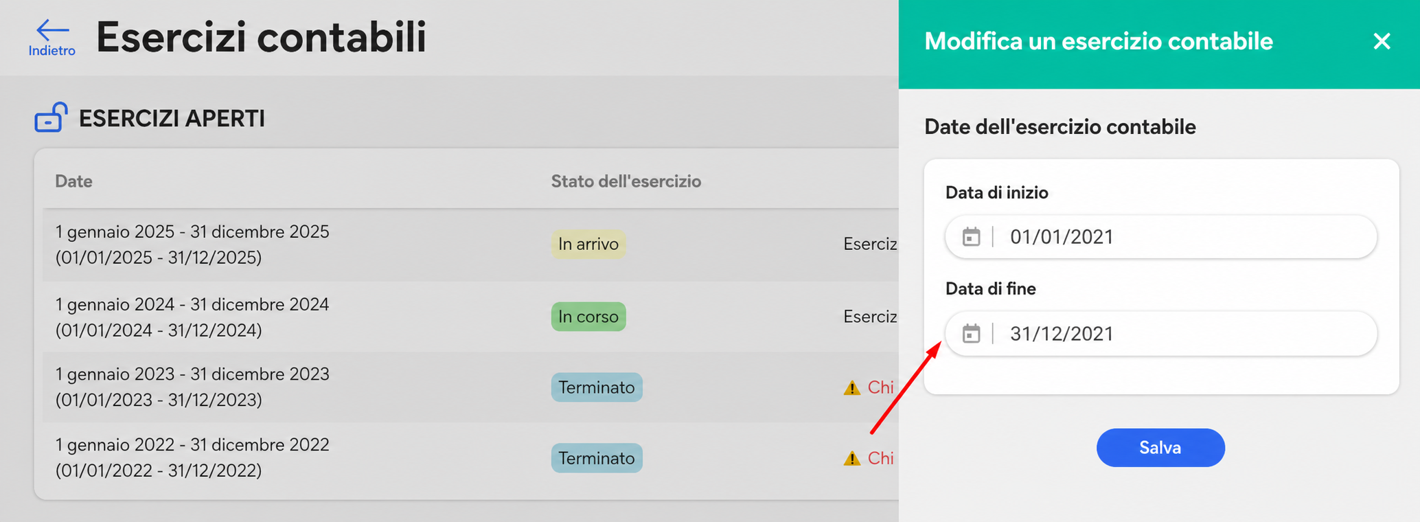 Pannello « Modifier un exercice comptable » con i campi Data di inizio (01/01/2021) e Data di fine (31/12/2021) evidenziati da una freccia rossa