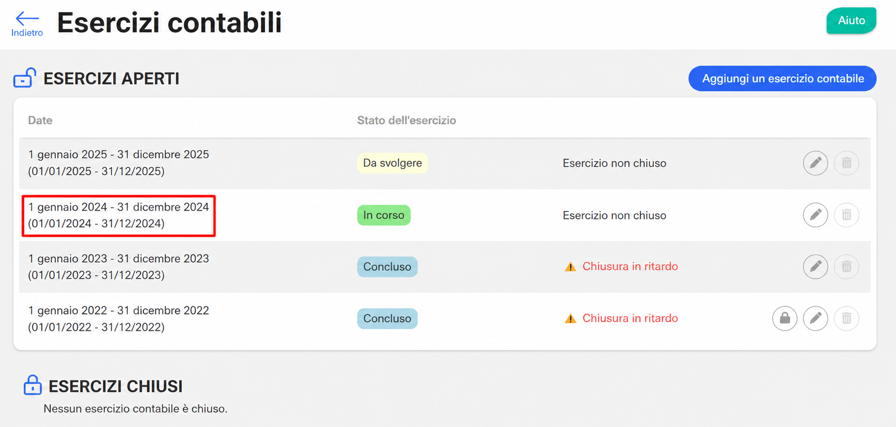 Pagina « Exercices comptables » di AssoConnect che elenca gli esercizi aperti, con l'esercizio 2023-2024 « En cours » evidenziato da una cornice rossa