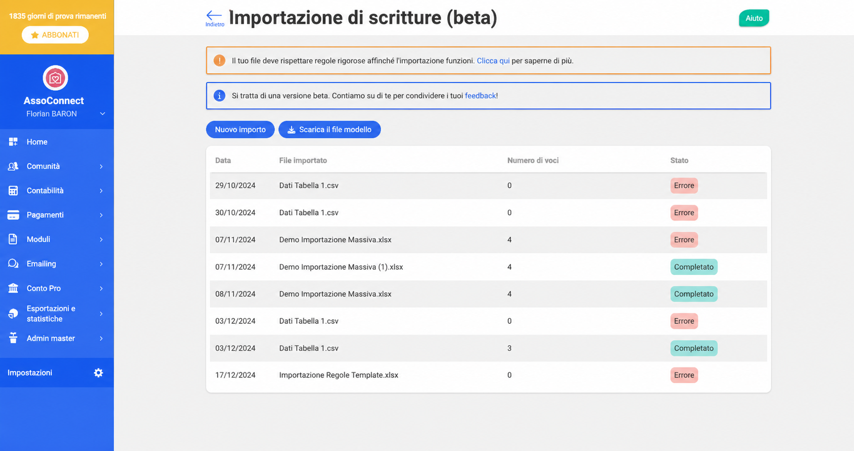 Pagina « Import d'écritures (beta) » di AssoConnect, che mostra lo storico delle importazioni con le relative date, i file, il numero di documenti e gli stati (Errore o Completato).