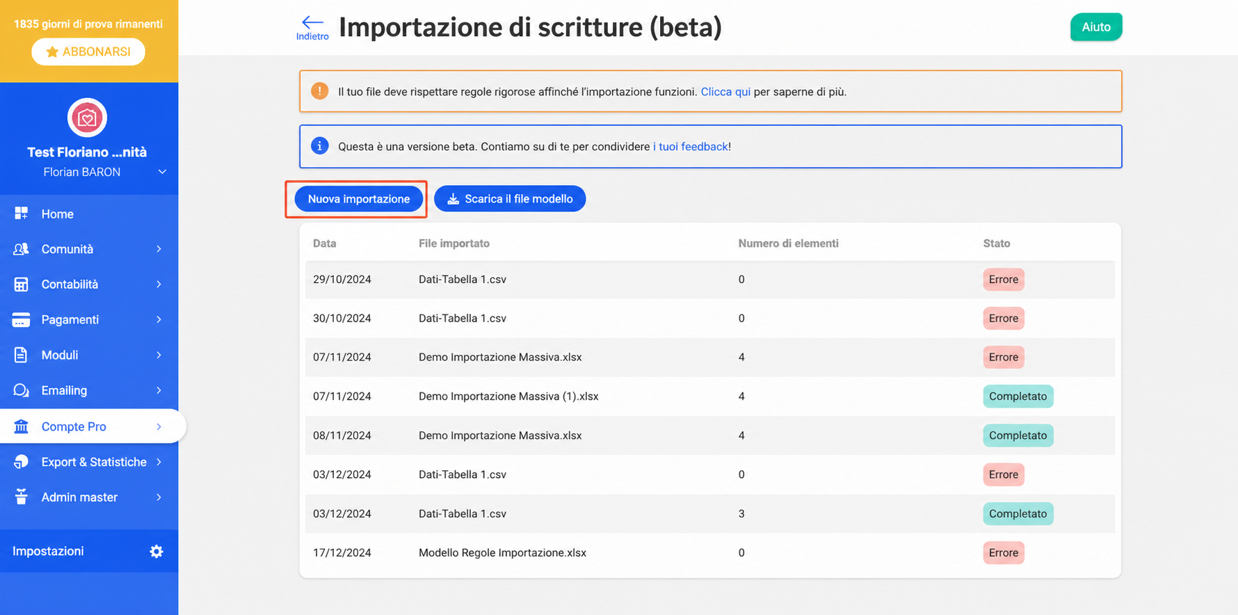 Pagina « Import d'écritures (beta) » che mostra lo storico delle importazioni e il pulsante « Nouvel import » evidenziato in rosso.