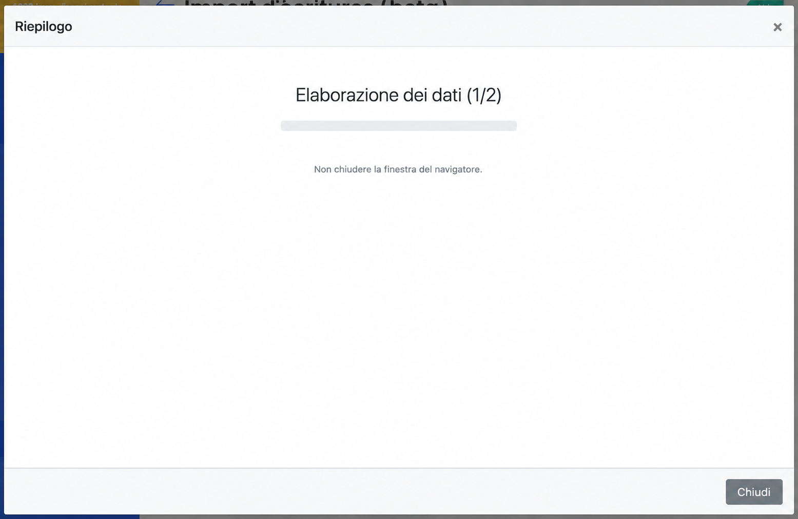 Finestra modale « Soumettre » che mostra l'elaborazione dei dati in corso (fase 1/2) con una barra di avanzamento e un messaggio che invita a non chiudere il browser