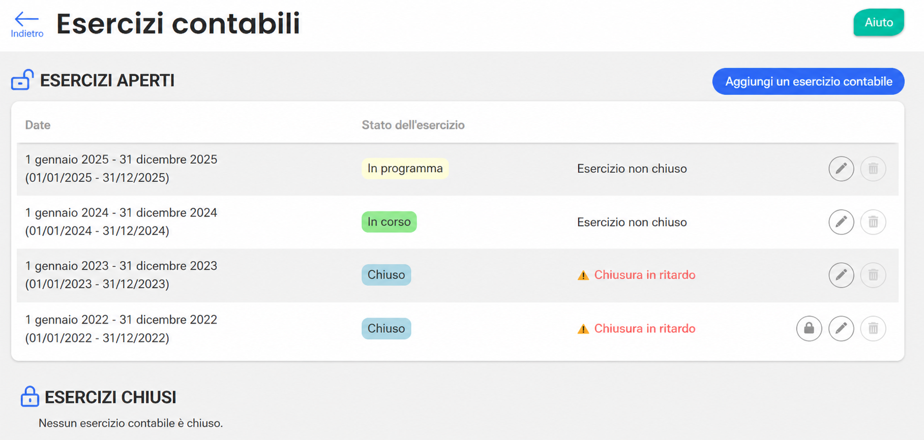 Pagina « Exercices comptables » che mostra quattro esercizi aperti (dal 2022 al 2025) con i loro stati: À venir, En cours, oppure Terminé con chiusura in ritardo