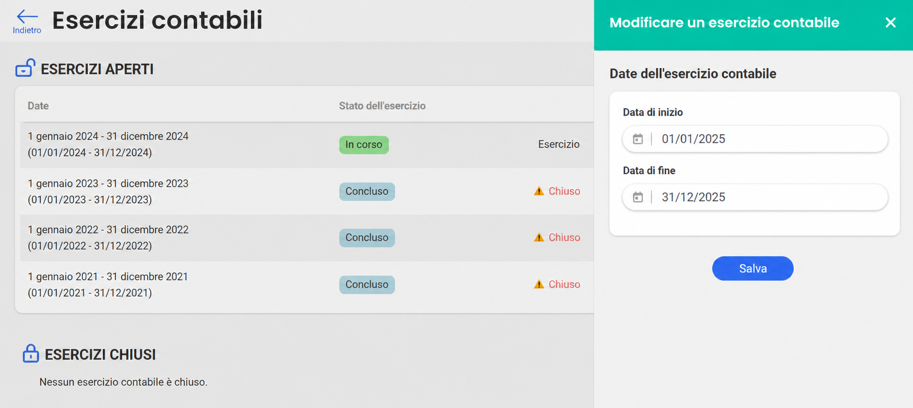 Pannello « Modifier un exercice comptable » con una data di inizio al 01/01/2025 e una data di fine al 31/12/2025, e il pulsante Sauvegarder.
