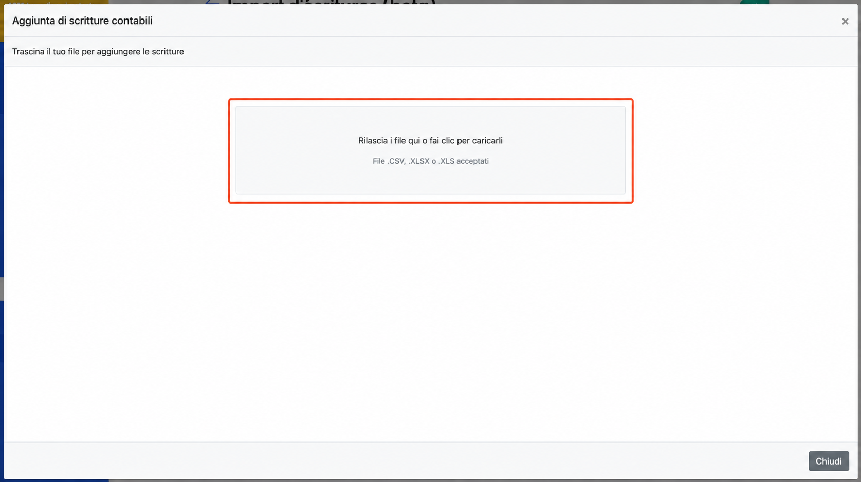 Finestra « Ajout d'écritures comptables » con un'area di caricamento per file .CSV, .XLSX o .XLS evidenziata in rosso