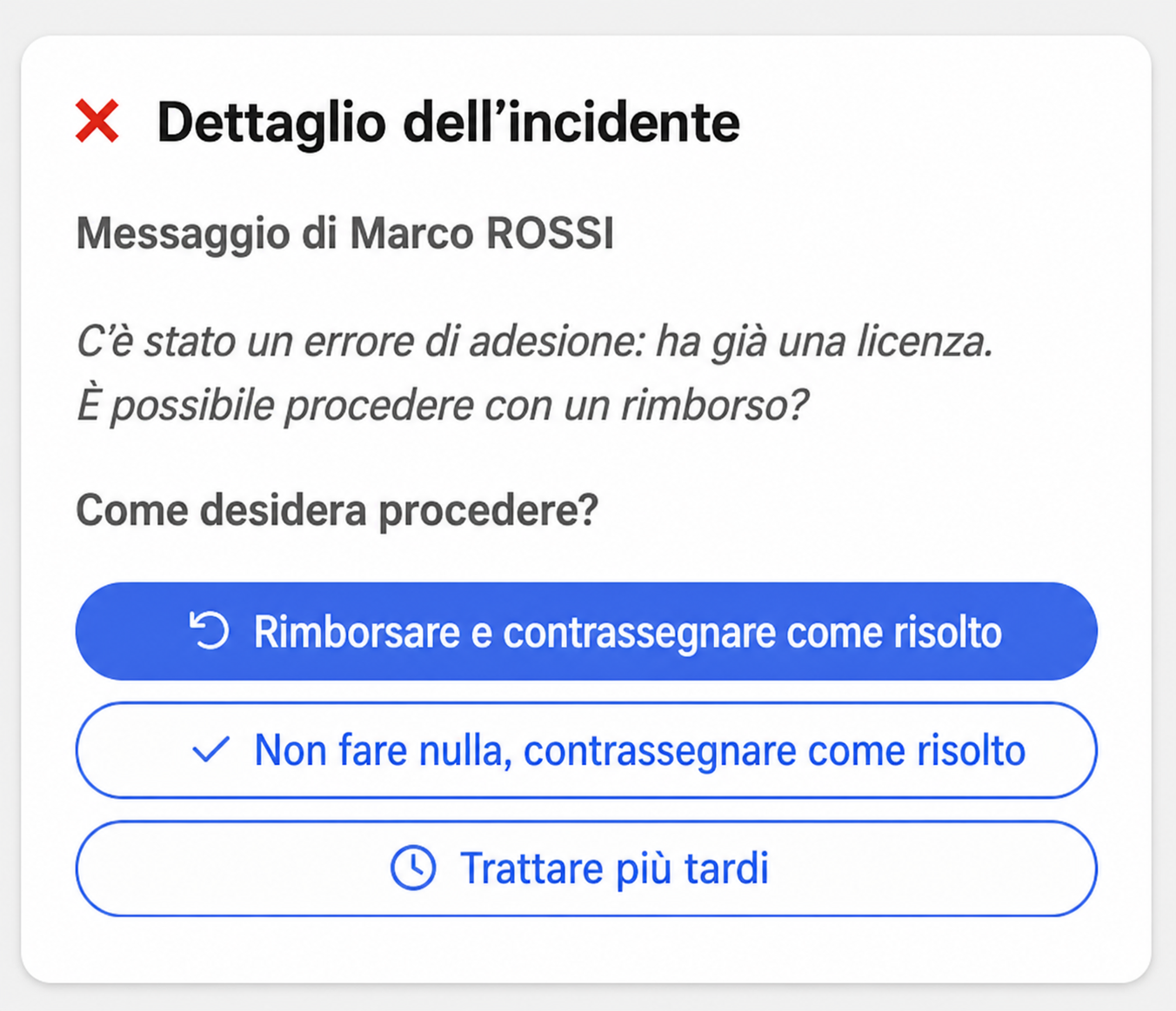 Finestra « Dettaglio dell'incidente » con un messaggio di John DOE e tre opzioni: rimborsare, ignorare o gestire più tardi