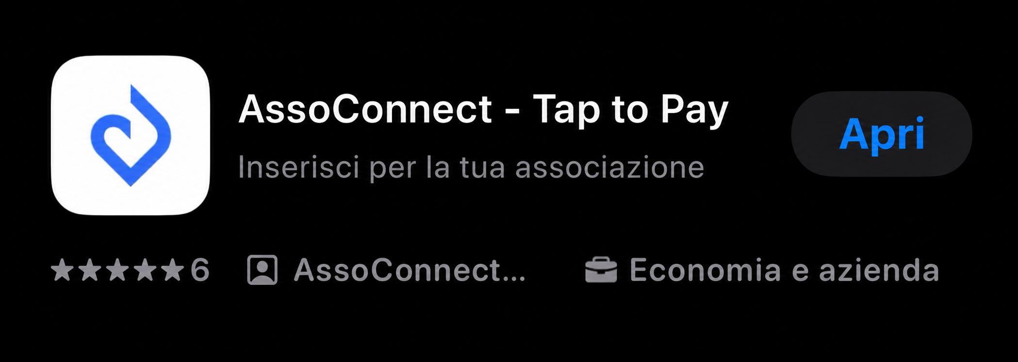 Scheda dell'applicazione AssoConnect - Tap to Pay sull'App Store, con la valutazione 5 stelle e il pulsante «Apri»
