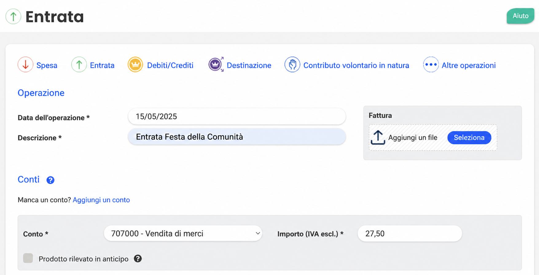 Modulo di inserimento di un'entrata in AssoConnect, con la data del 15/05/2025, la descrizione « Recette Festival », il conto 707000 e un importo netto di 27,00 €