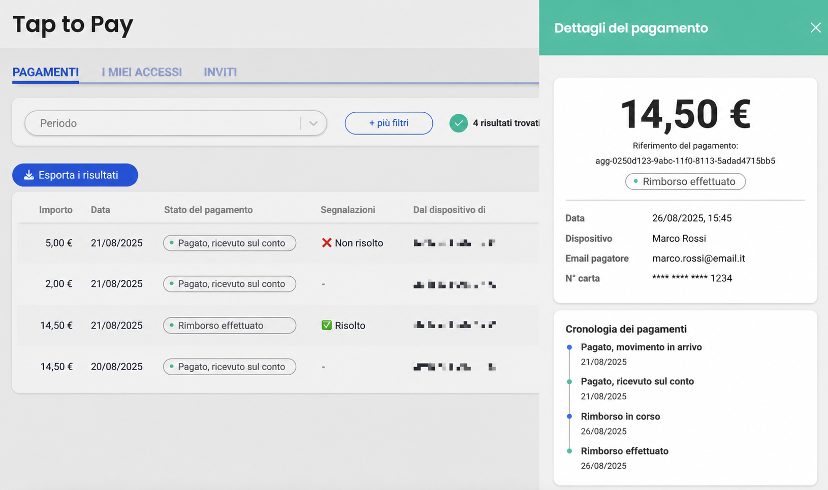 Interfaccia Tap to Pay che mostra l'elenco dei pagamenti e il pannello « Dettagli del pagamento » per un rimborso di 12,00 € con il relativo storico.