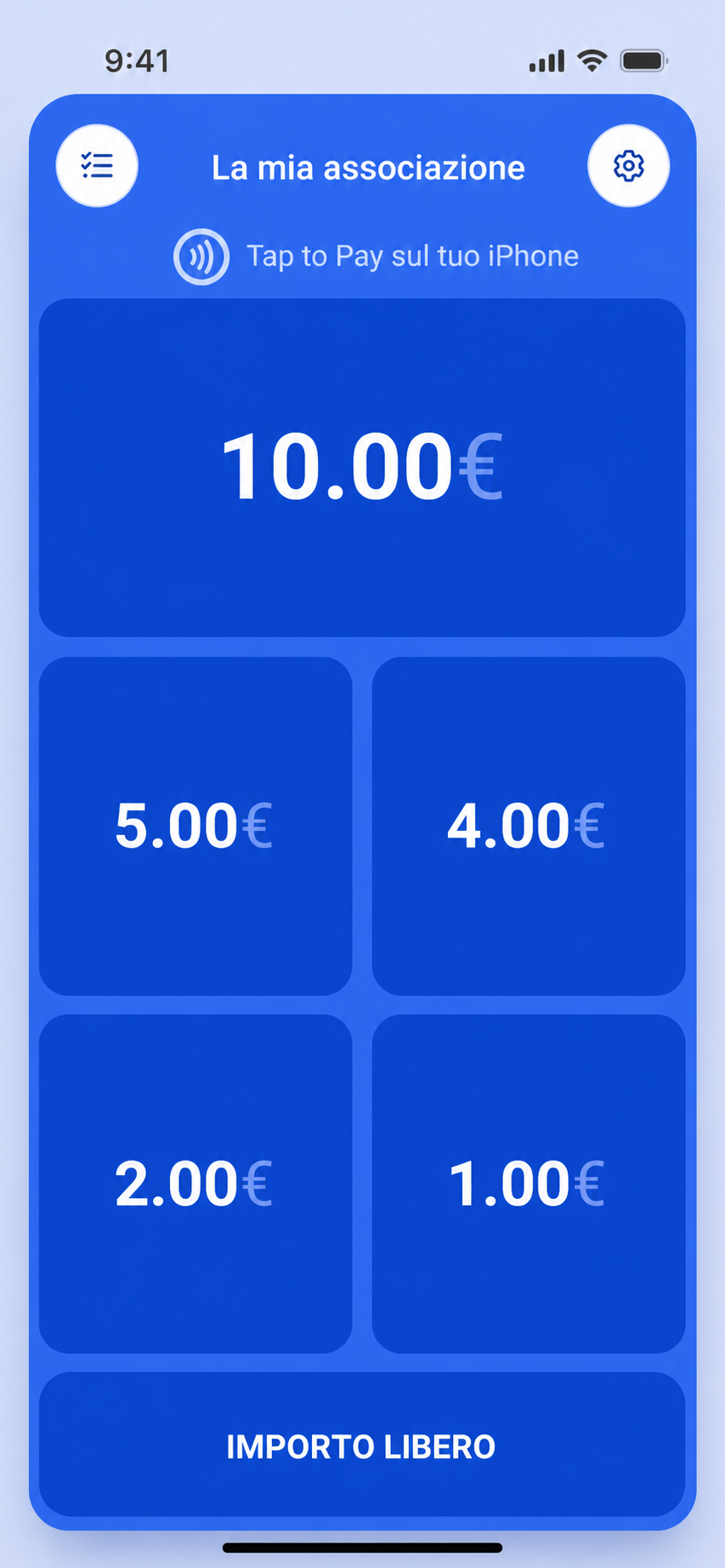 Schermata dell'app AssoConnect che mostra il terminale di pagamento «La mia associazione» con Tap to Pay su iPhone e gli importi rapidi: 10 €, 5 €, 4 €, 2 €, 1 € e Importo libero.