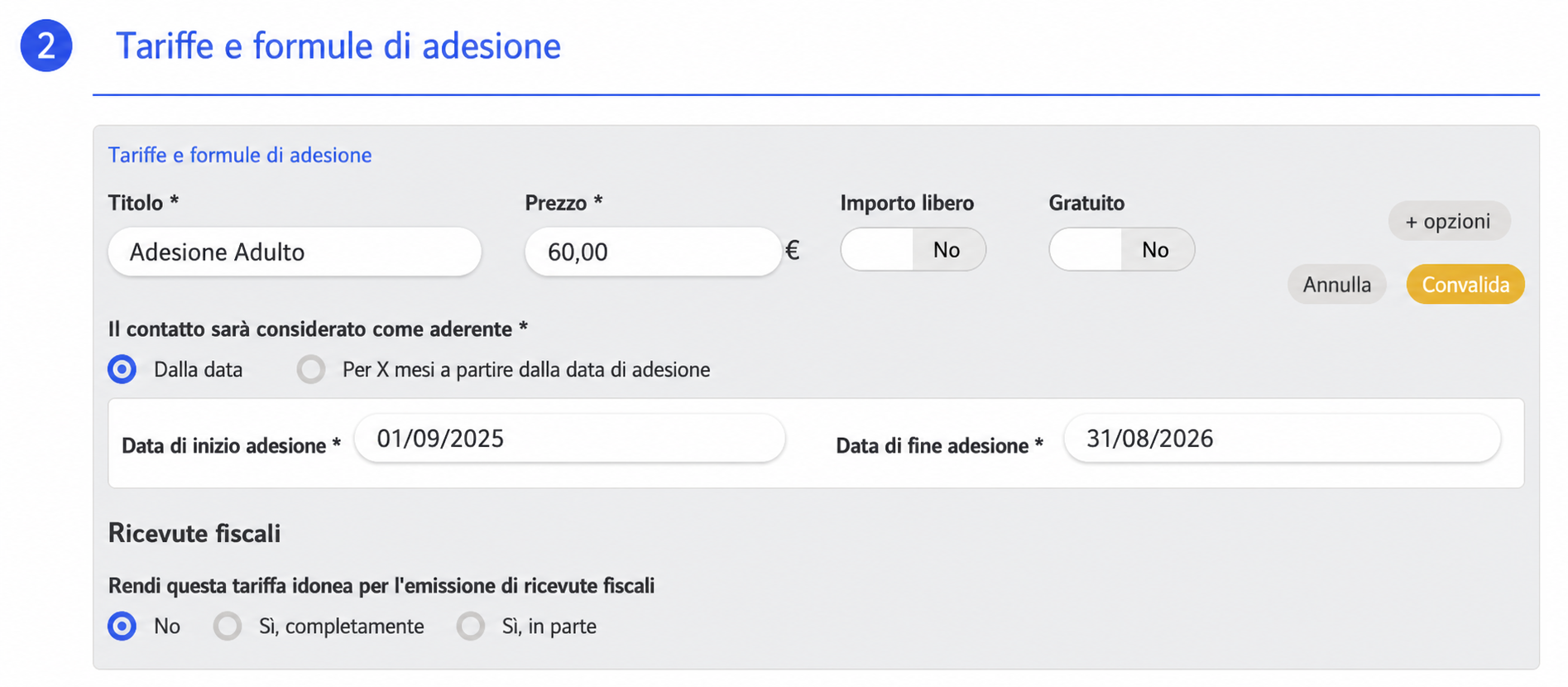 Modulo di creazione di una tariffa di adesione « Adhésion Adulte » da 50 €, con date di inizio e fine adesione e opzioni per le ricevute fiscali.