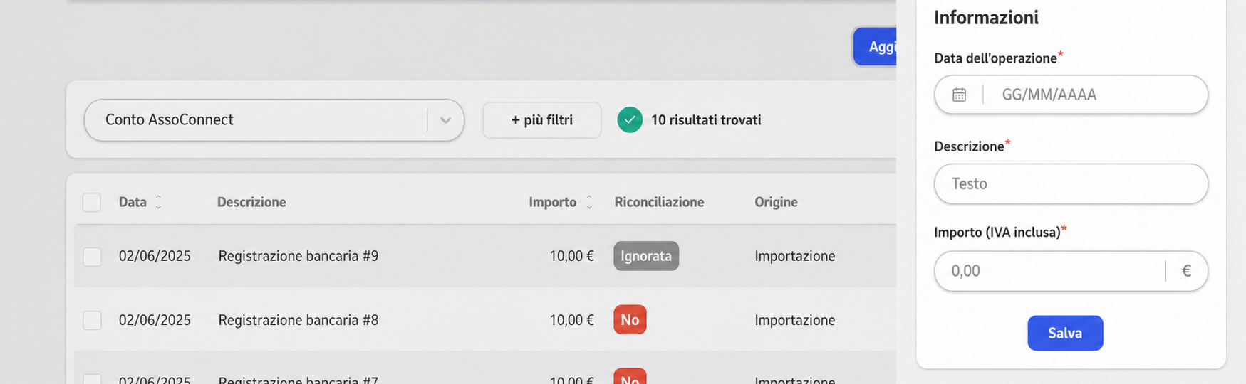 Pagina « Operazioni bancarie » con il pannello « Aggiungi un'operazione » aperto, che mostra i campi Data, Descrizione e Importo (IVA inclusa)