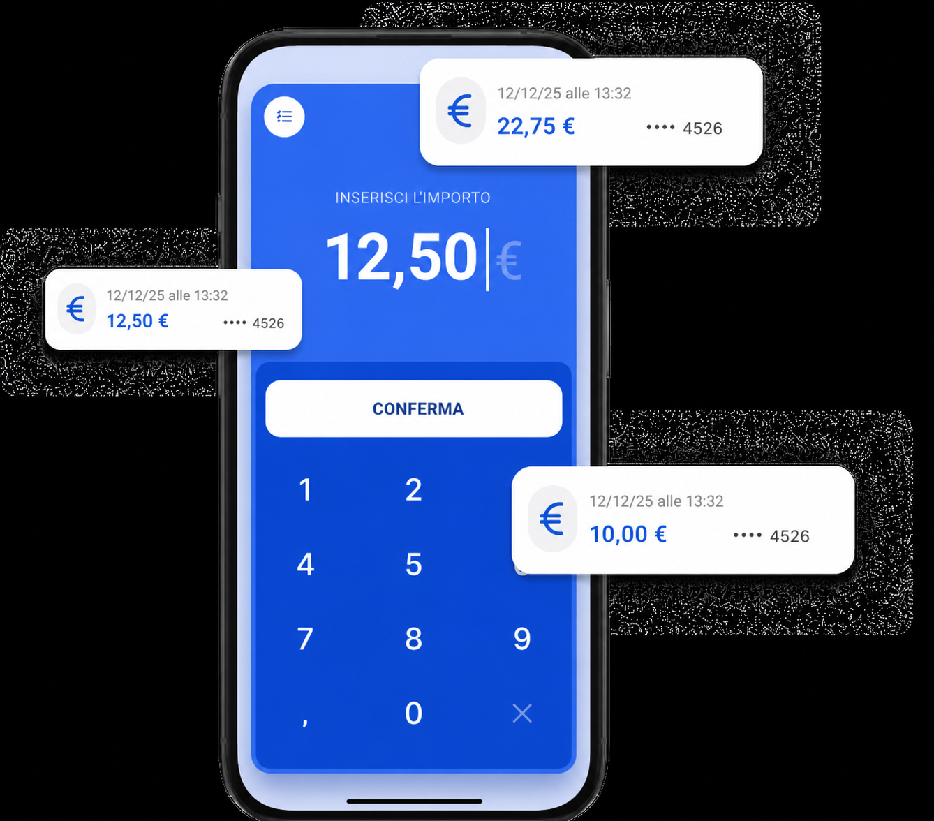 Applicazione mobile di raccolta donazioni che mostra un tastierino numerico per inserire un importo in euro, con esempi di transazioni (12,50€, 22,50€, 10,00€)