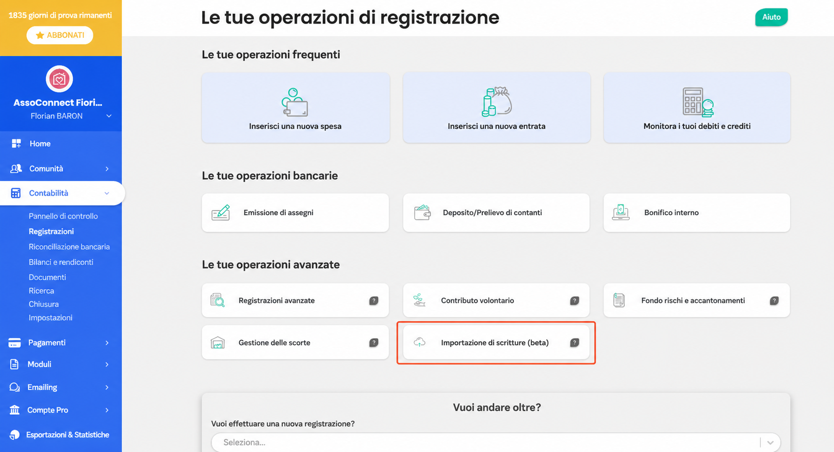Pagina « Vos opérations de saisie » in AssoConnect, con il riquadro « Import d'écritures (beta) » evidenziato da una cornice rossa