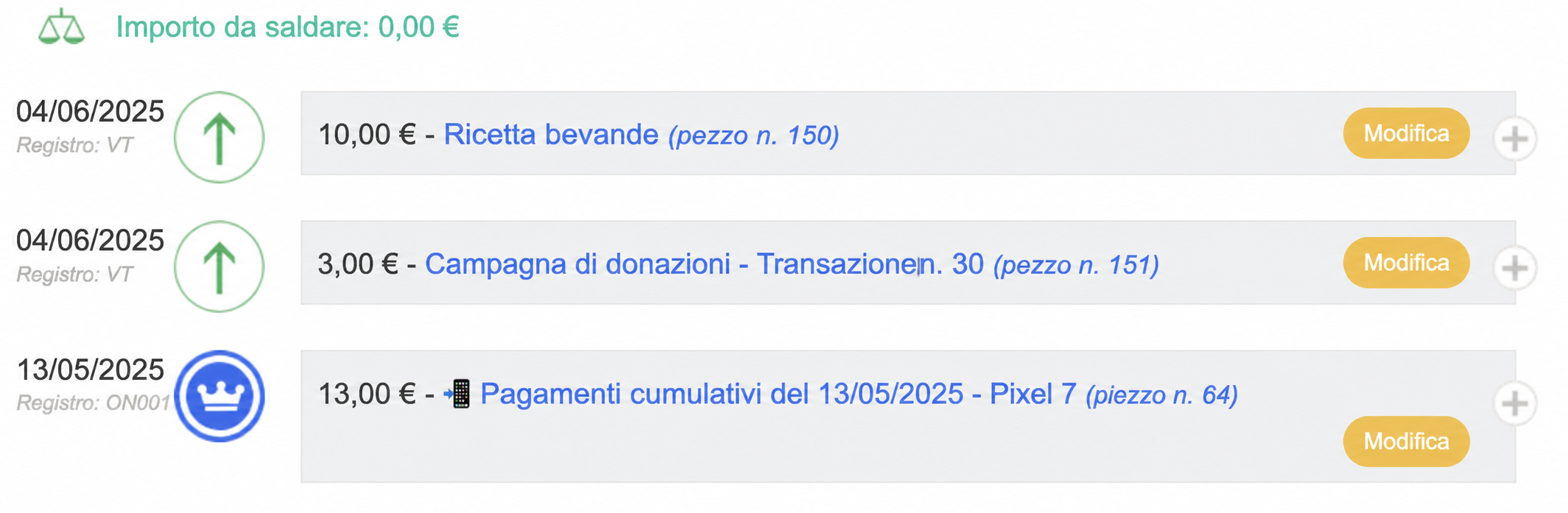 Schermata di riconciliazione contabile che mostra « Resta da pagare: 0€ » con tre scritture: 10 €, 3 € e 13 € in EUR.