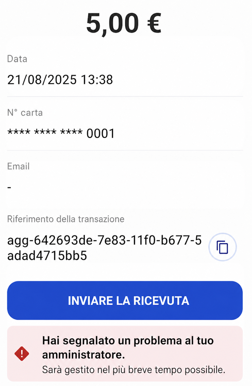 Dettaglio di un pagamento di 5,00 € su AssoConnect, con la data, il numero di carta mascherato, il riferimento della transazione e un messaggio di incidente segnalato all'amministratore.