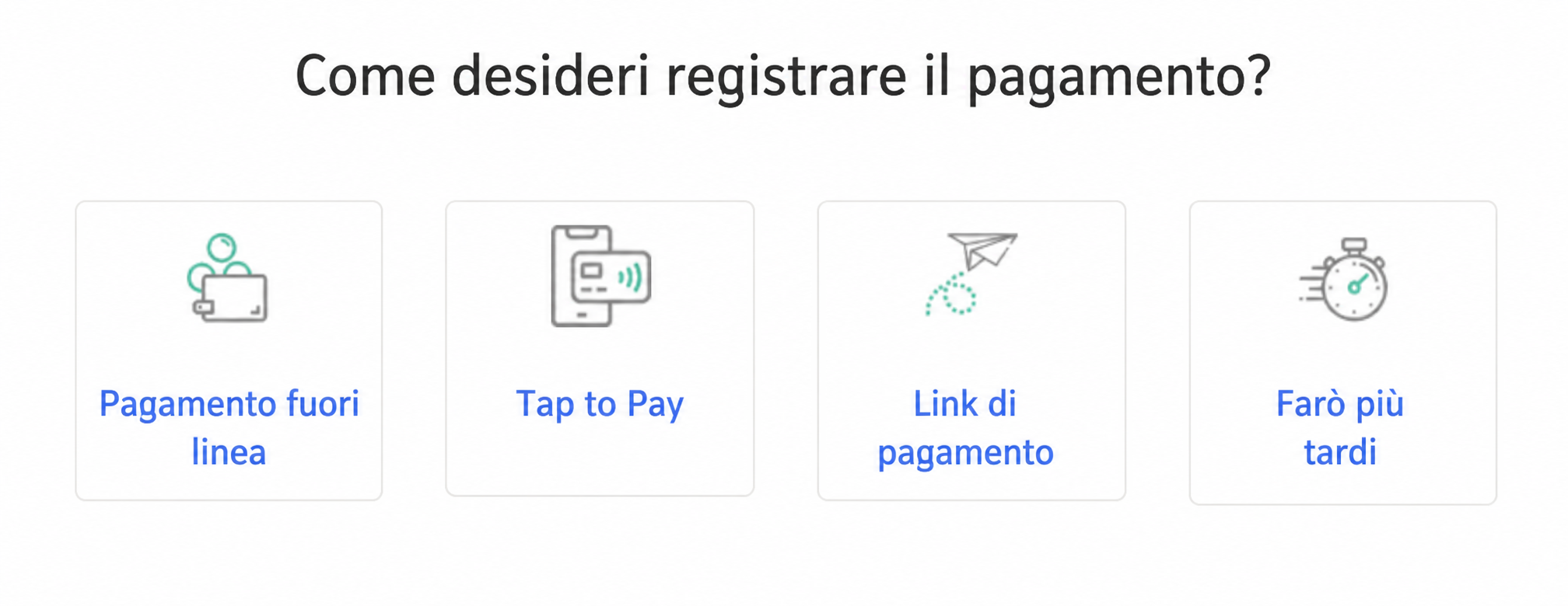 Schermata AssoConnect « Come vuoi registrare il pagamento? » con quattro opzioni: Pagamento offline, Tap to Pay, Link di pagamento, Farlo più tardi.