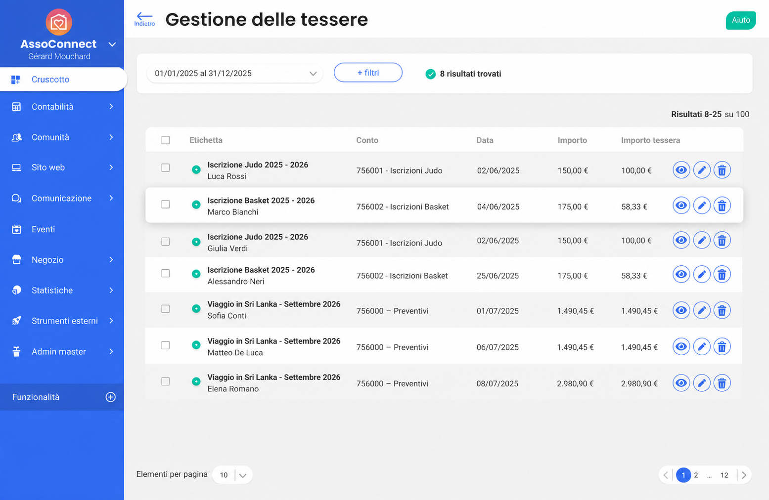 Interfaccia di gestione dei PCA in AssoConnect, con l'elenco delle scritture con descrizione, conto, data, importo e importo PCA.