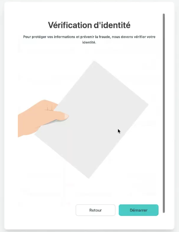 Pantalla de verificación de identidad de Poplico con una ilustración de una mano sosteniendo un documento y los botones «Volver» y «Empezar»