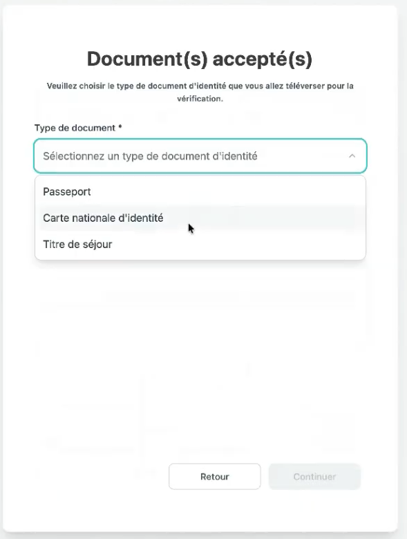 Menú desplegable «Tipo de documento» abierto, con las opciones Pasaporte, DNI y Permiso de residencia