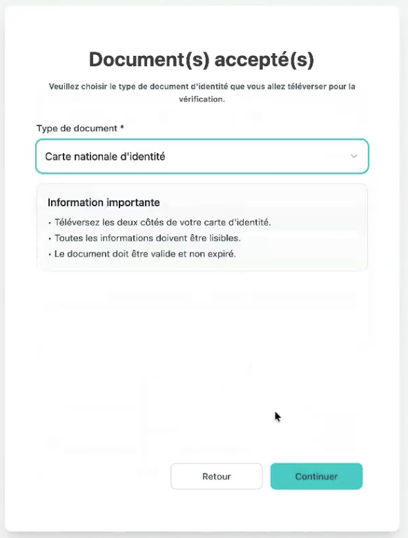 Pantalla de selección del tipo de documento de identidad con «DNI» seleccionado y las instrucciones importantes para la subida del archivo