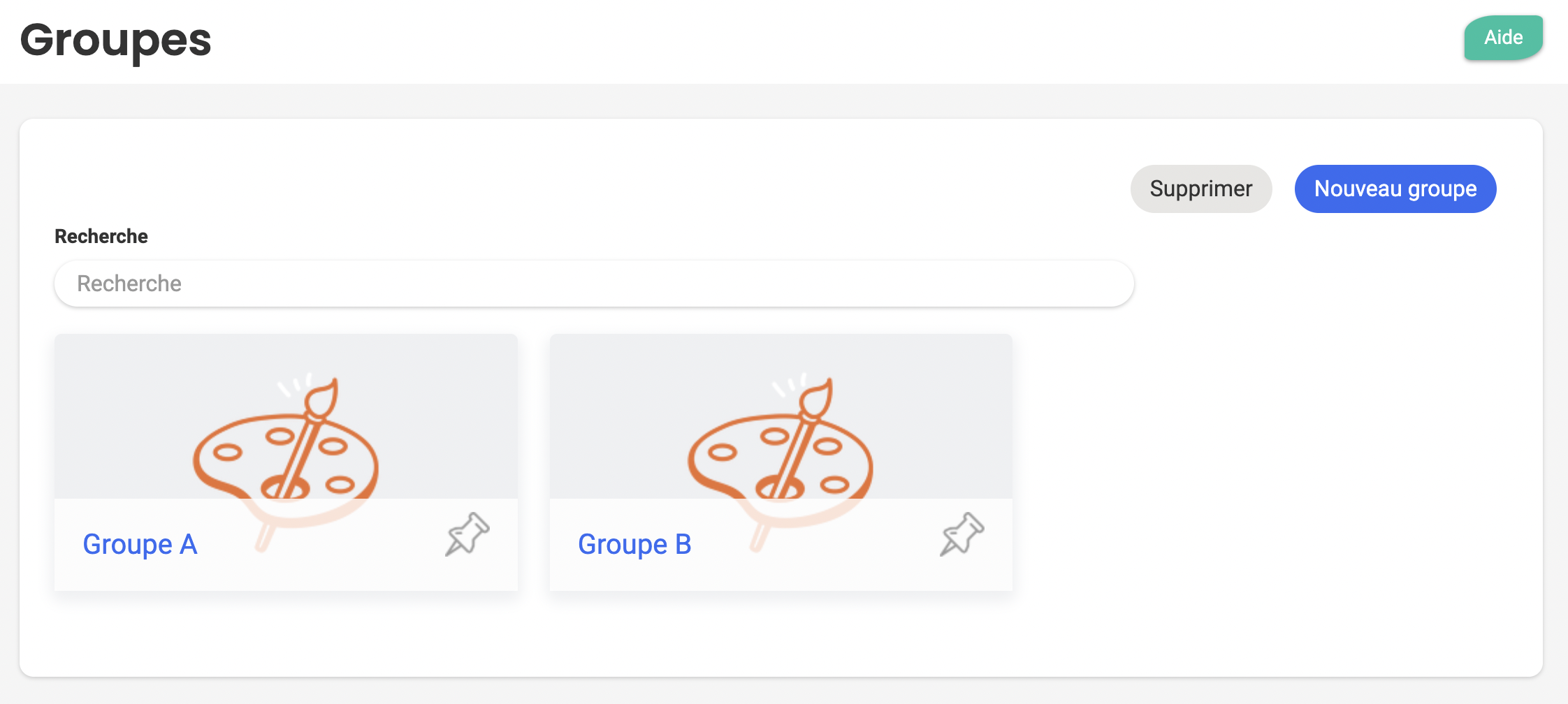Página «Grupos» de Poplico con dos grupos (Grupo A y Grupo B) y los botones «Eliminar» y «Nuevo grupo»