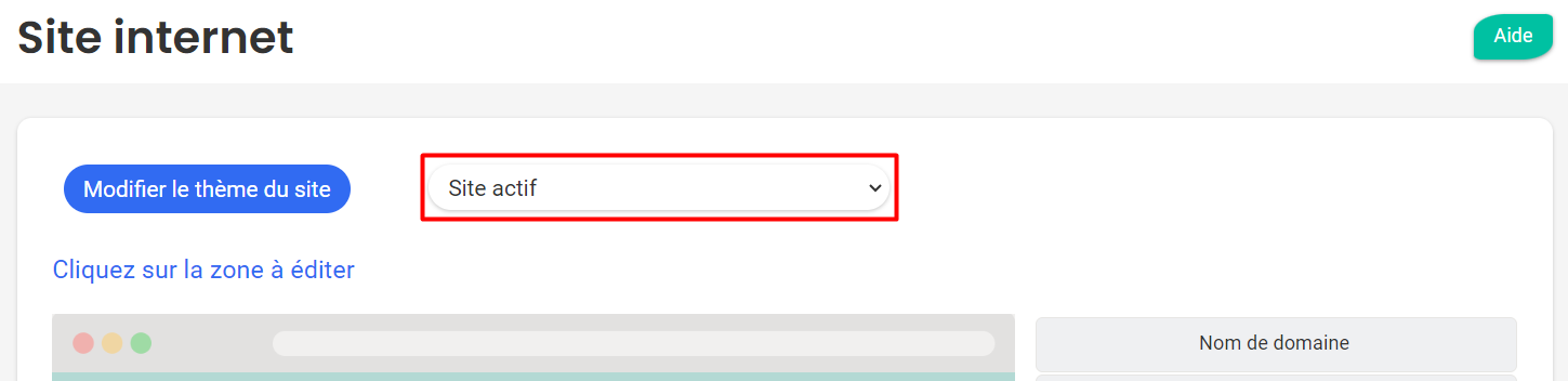 Pantalla de configuración del sitio web en Poplico con el botón para activar y desactivar el modo de mantenimiento