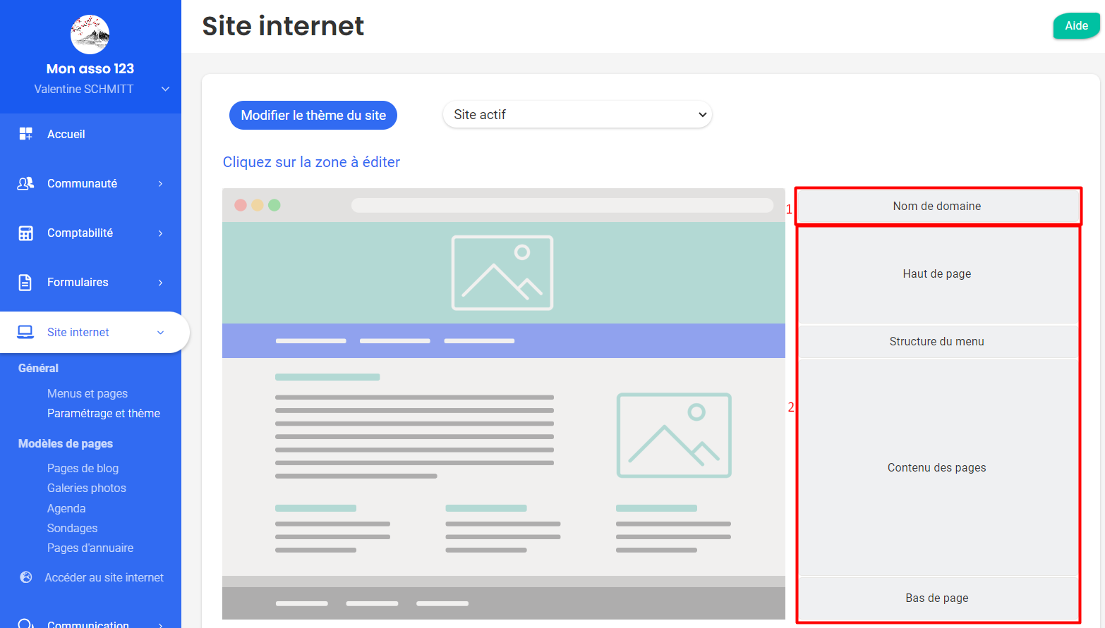 Interfaz «Sitio web» de Poplico con las zonas editables: Nombre de dominio, Encabezado, Estructura del menú, Contenido de páginas y Pie de página.