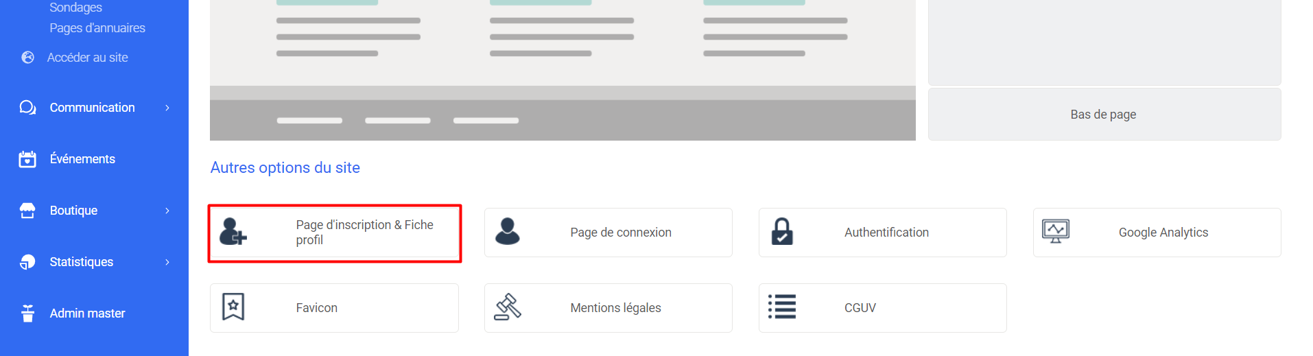 Sección «Otras opciones del sitio» en Poplico, con el mosaico «Página de registro y ficha de perfil» destacado con un recuadro rojo