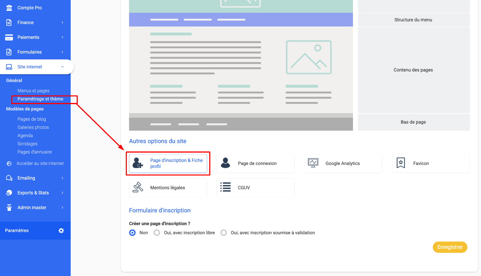 Interface AssoConnect, section « Paramétrage et thème » du Site internet, avec le bouton « Page d'inscription & Fiche profil » mis en évidence.