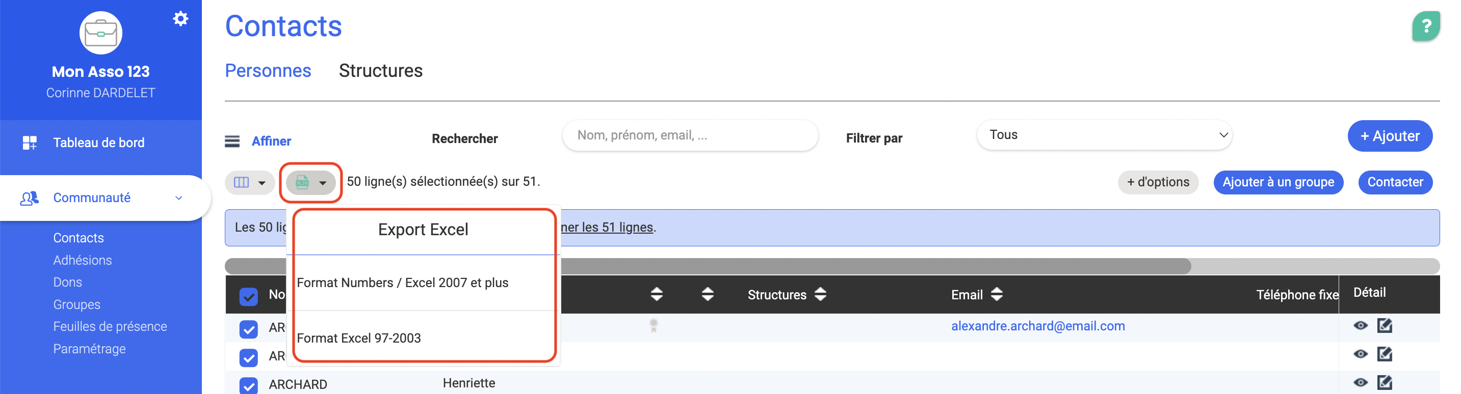 Contacts page with the Excel export dropdown menu open, showing the formats 'Numbers / Excel 2007+' and 'Excel 97-2003'