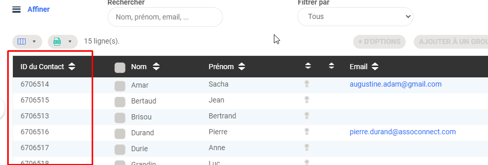 Lista de contactos de Poplico con la columna «ID del Contacto» resaltada, que muestra identificadores numéricos (p. ej. 6706514) asociados a cada socio.