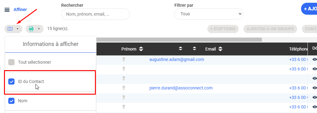 Menú «Informaciones a mostrar» en la lista de contactos, con la casilla «ID del Contacto» marcada y resaltada.