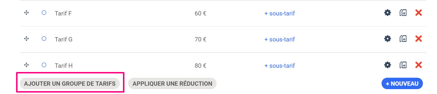 Lista de tarifas (Tarifa F a H, de 60 € a 80 €) con el botón «Añadir un grupo de tarifas» resaltado con un recuadro rosa