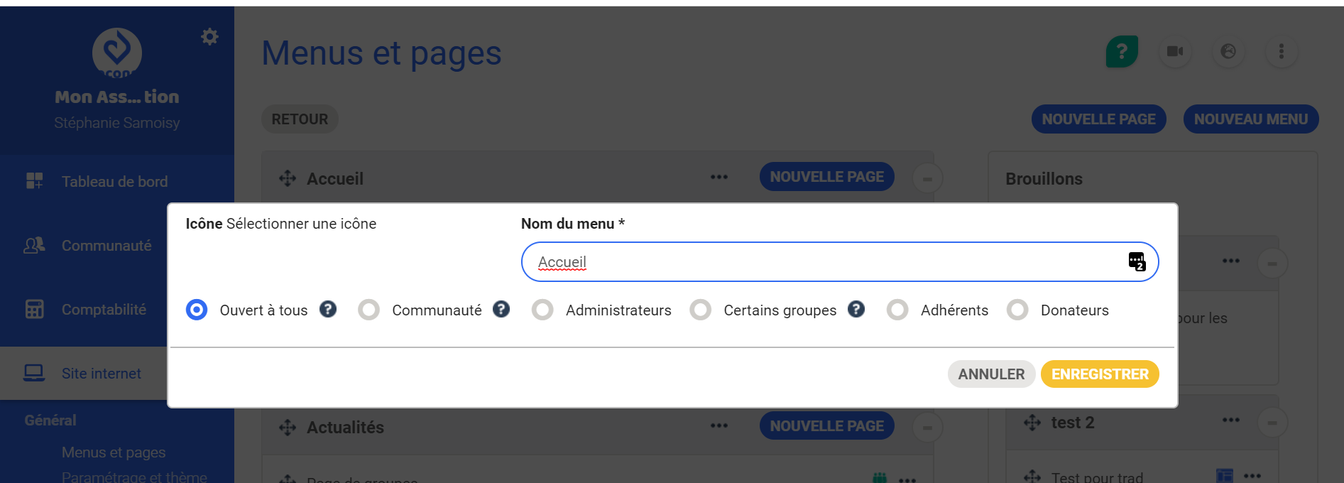 Menu editing window in Springly, with the fields 'Menu name' (here 'Home') and visibility options (Open to all, Community, Administrators, etc.)