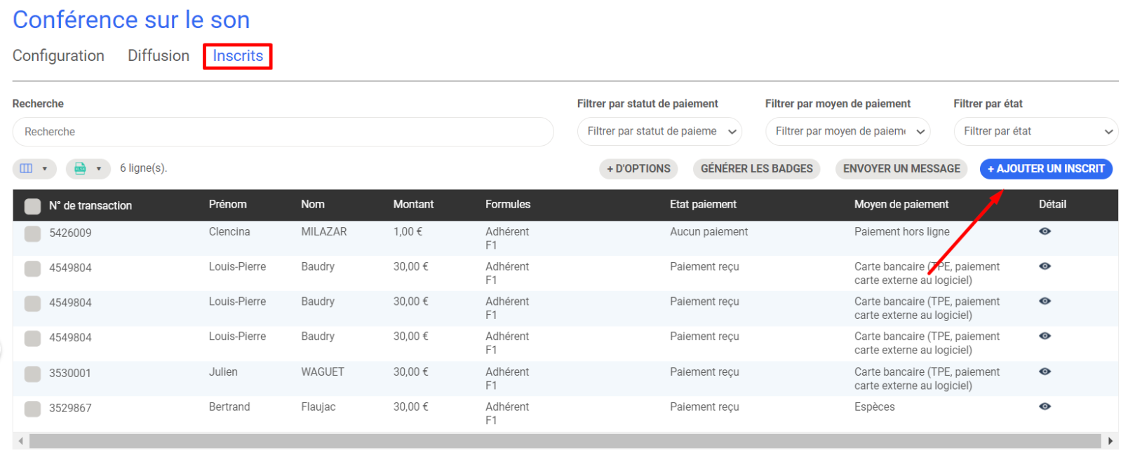 Onglet « Inscrits » d'un événement AssoConnect, listant 6 participants avec leur numéro de transaction, montant, formule et état de paiement, avec une flèche rouge pointant vers la colonne « Détail »