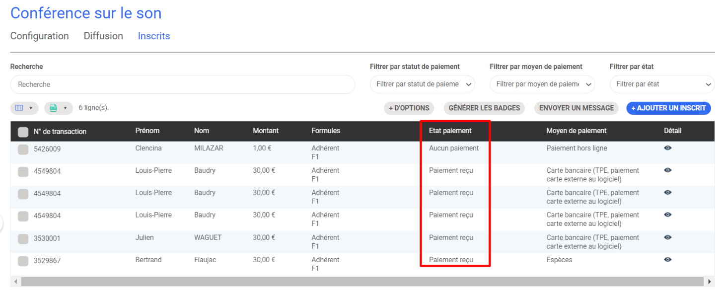 List of registrants for an event in AssoConnect, with the "Payment Status" column highlighted, showing statuses such as "Payment received" or "No payment"