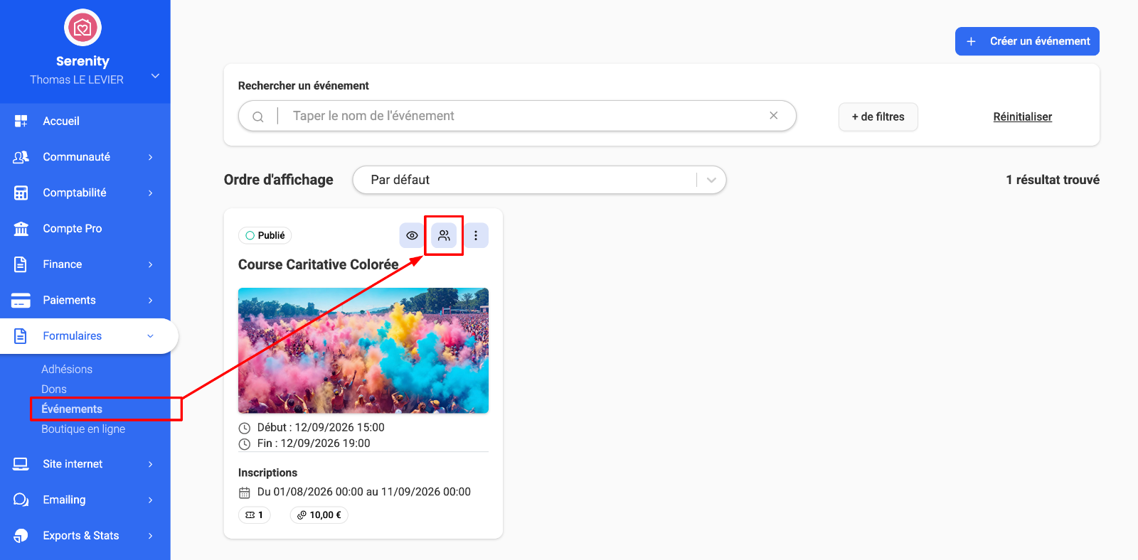 Page « Événements » d'AssoConnect avec le bouton « Gérer » mis en évidence par une flèche rouge sur la carte d'un événement.