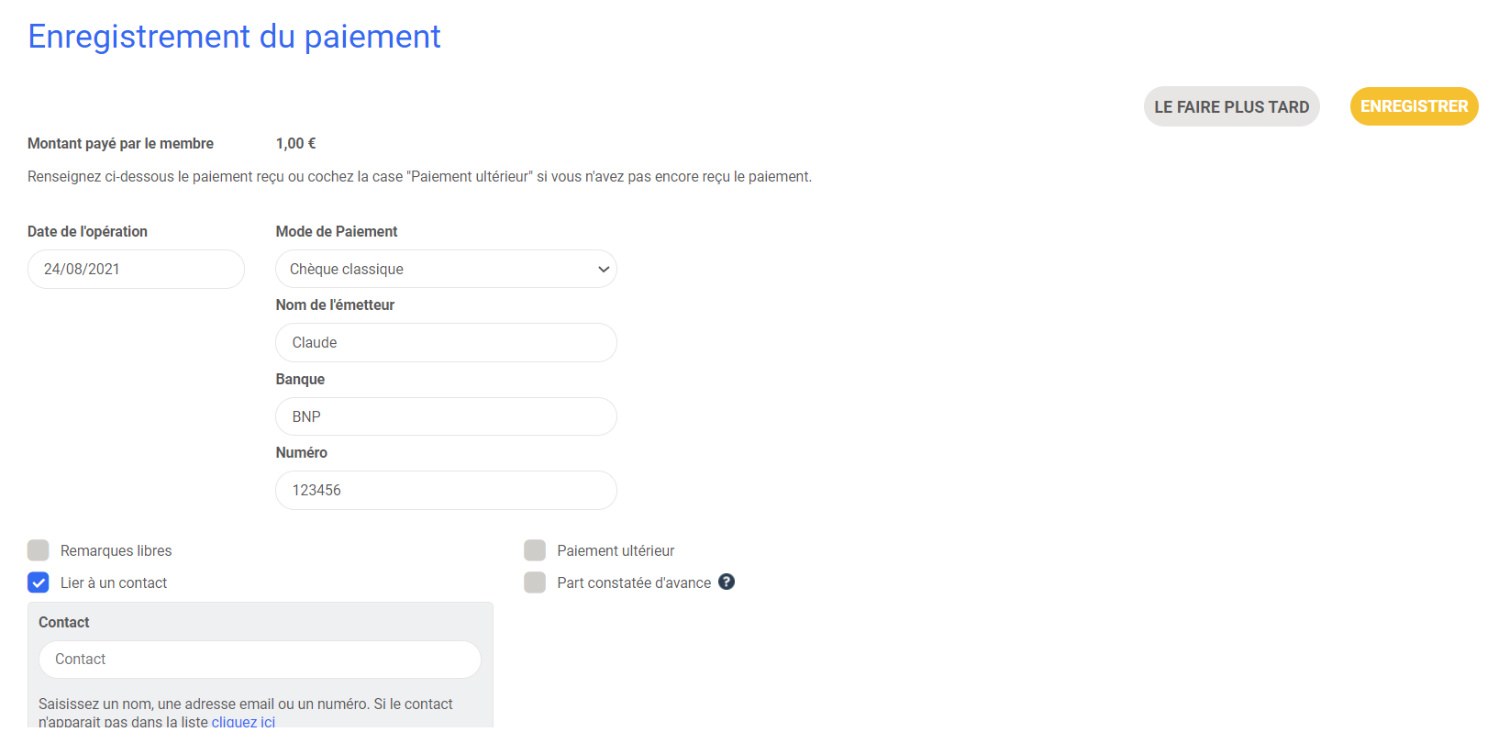 Formulaire « Enregistrement du paiement » dans Poplico, avec les champs date, mode (chèque classique), émetteur, banque et numéro de chèque renseignés.