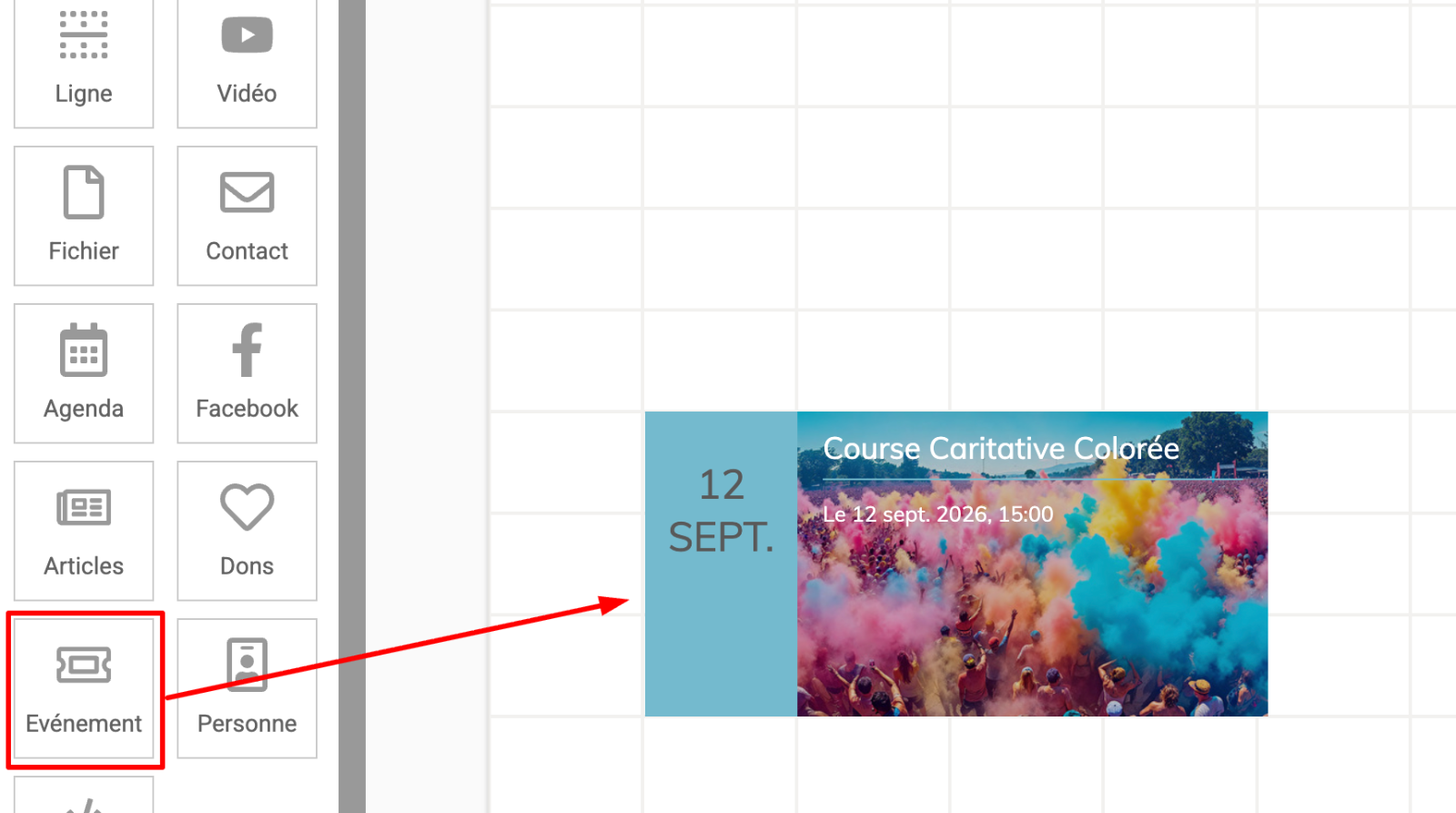 En la edición de una página personalizada, el bloque "Evento" está destacado y su vista previa se muestra en el tablero de edición de la página personalizada.