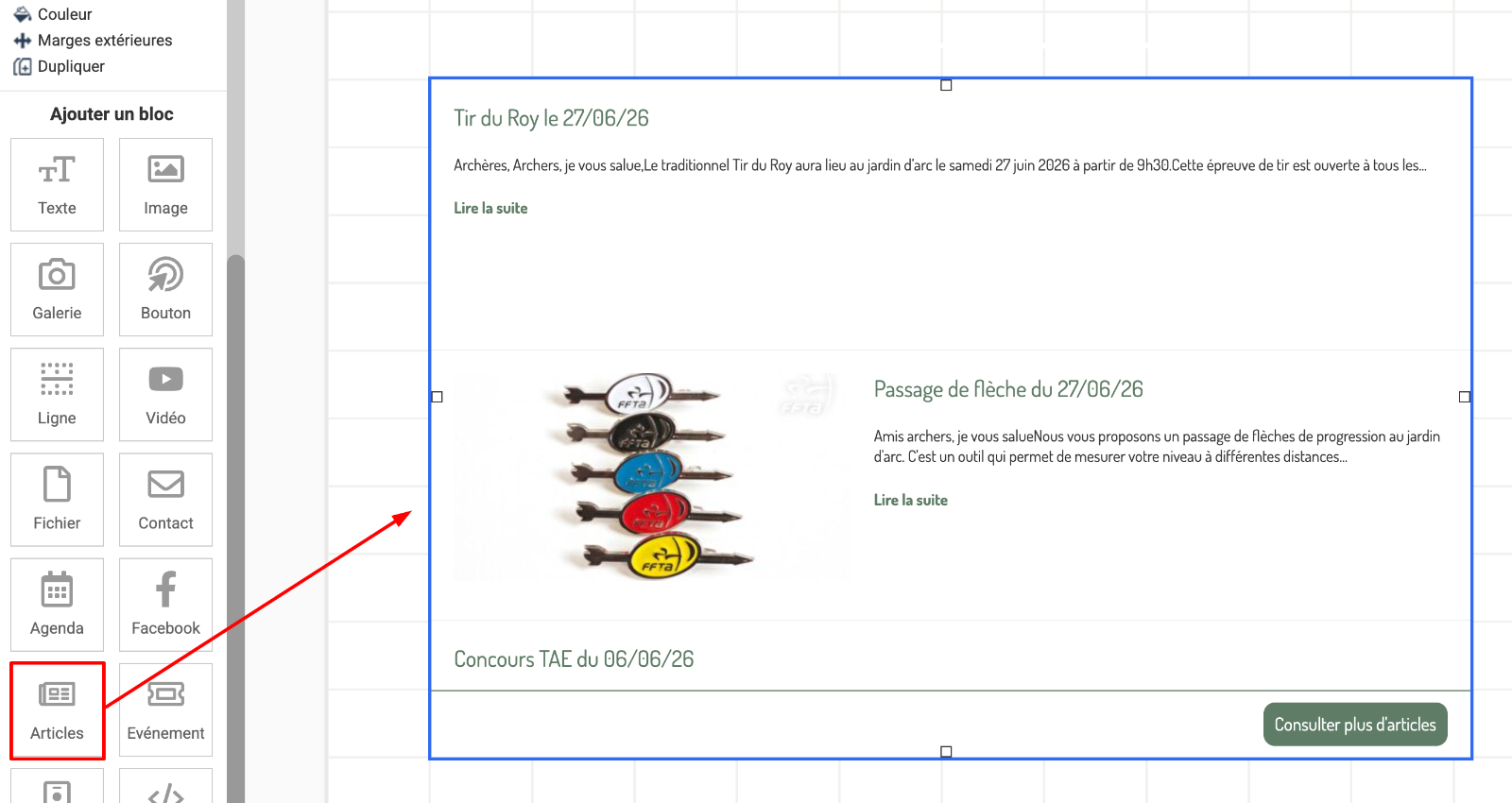 Présence du bloc Articles dans une page personnalisée, avec présentation du rendu dans la grille de la page personnalisée.