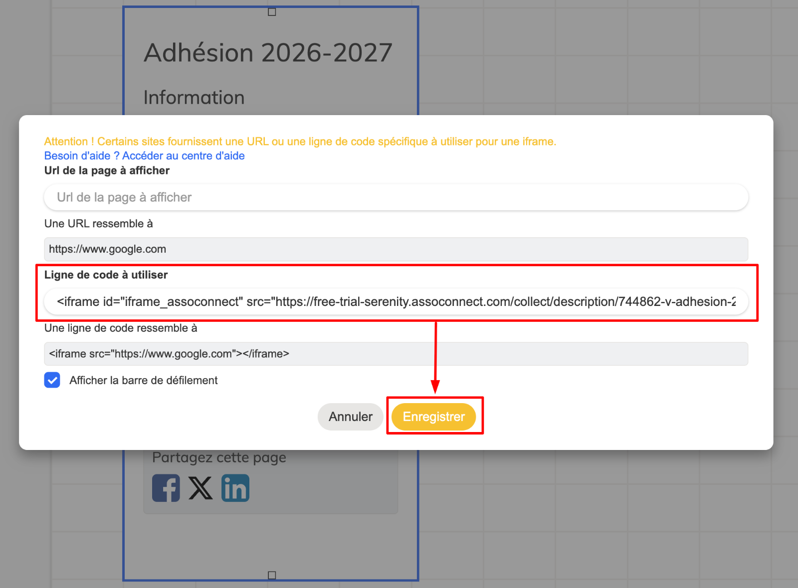 En déposant le bloc iframe dans le damier, ou en double cliquant dessus, une pop up s'affiche avec la possibilité de rentrer une url ou une ligne de code iframe.