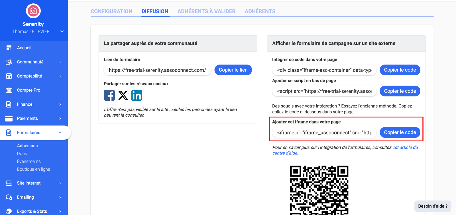 Dans l'onglet "Diffusion" d'un formulaire, mise en avant de l'encart avec le code iframe à copier.
