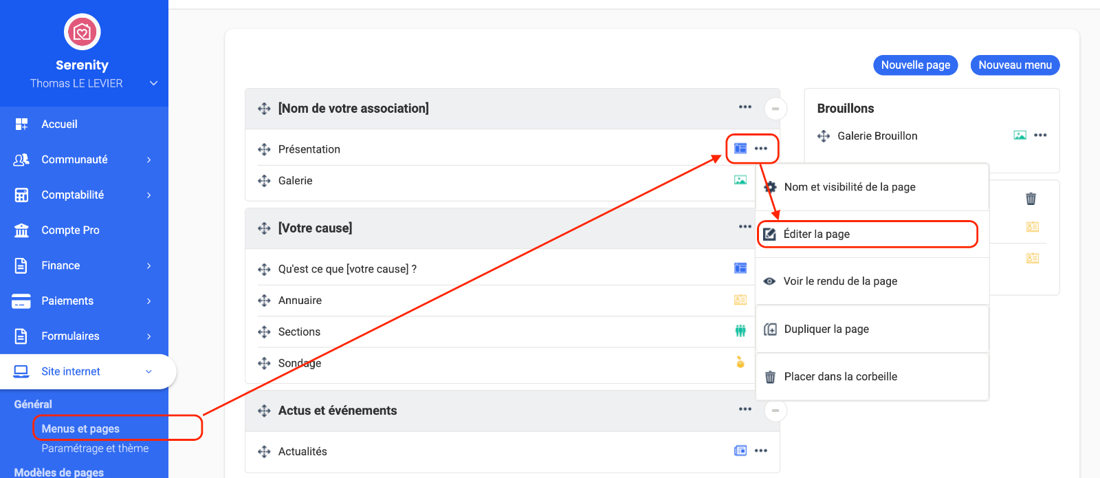 Dans le menu "Menus et pages", on montre les "..." permettant d'accéder à l'édition d'une page personnalisée.