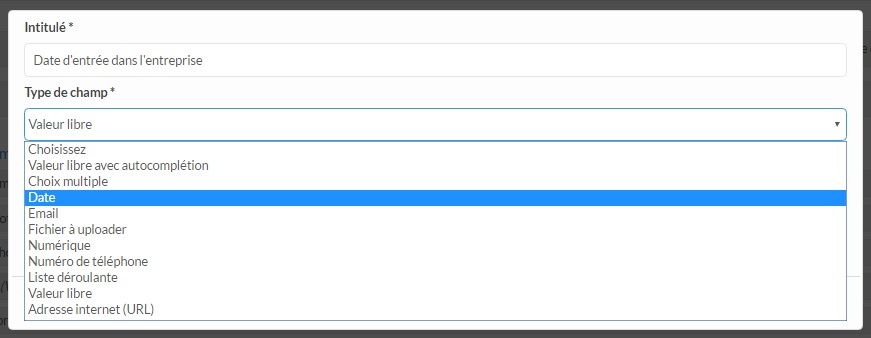 Creating a custom field 'Company start date' with the field type 'Date' selected from the dropdown list