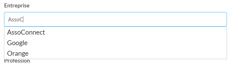 Company field with "AssoC" typed, showing a dropdown with three company suggestions