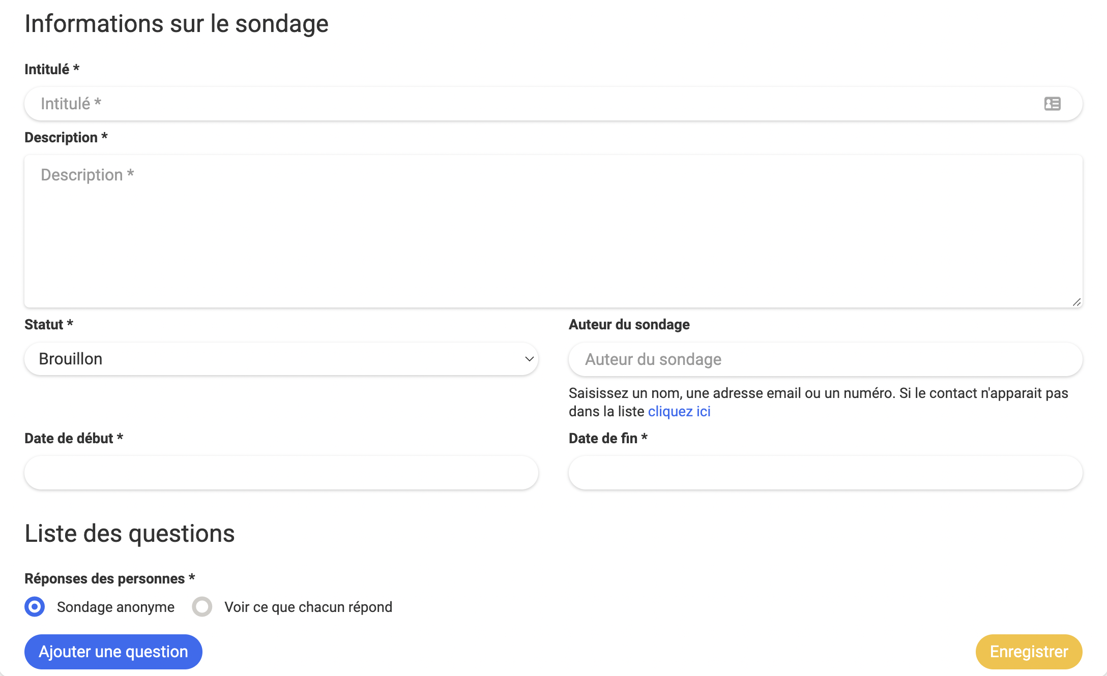 Poll creation form in Springly with fields for Title, Description, Status, Author, start and end dates, and question list