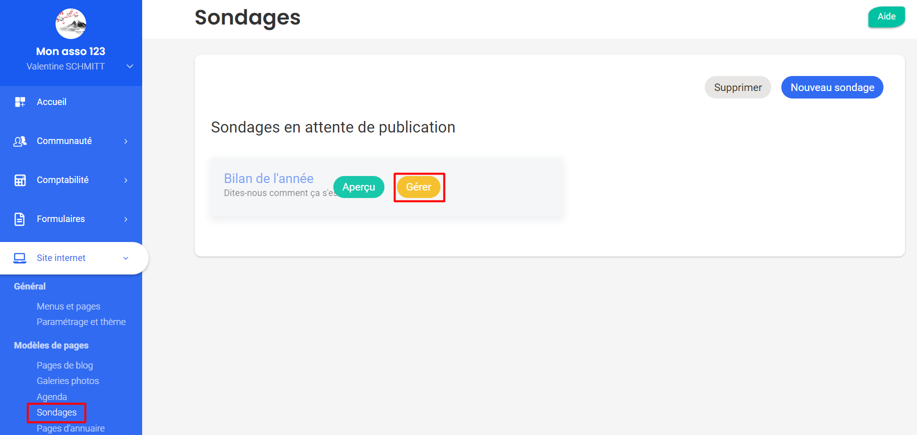 The 'Polls' page in Springly with the 'Manage' button highlighted in red on the 'Year in Review' poll pending publication