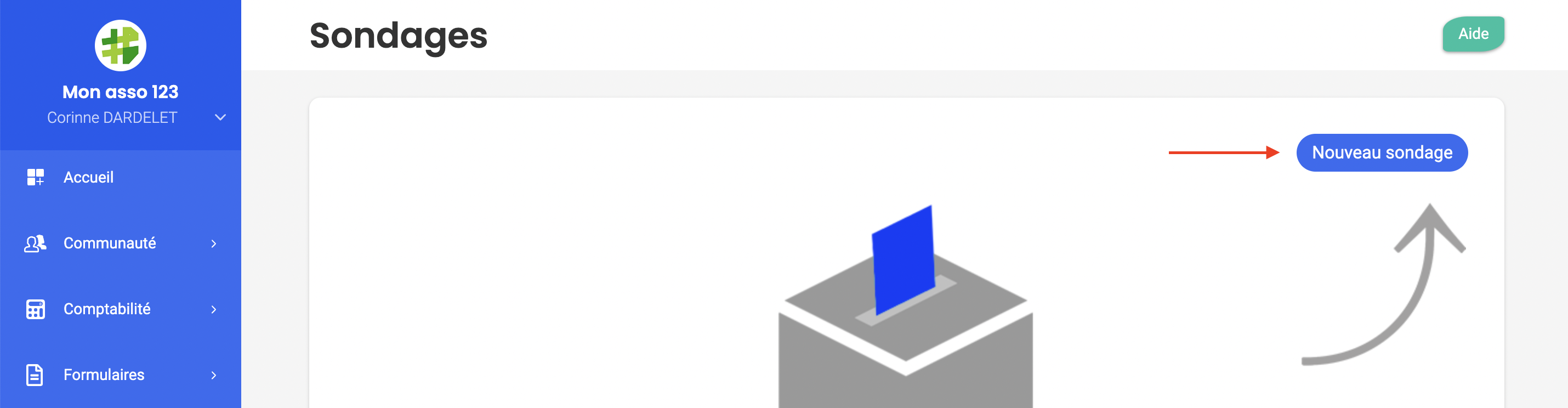 Polls page in Springly with an illustrated ballot box and a red arrow pointing to the "New Poll" button