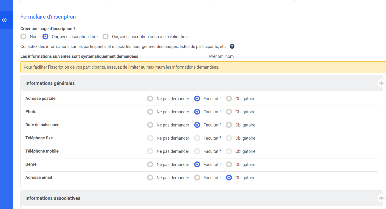 Formulario de registro de Poplico con la opción «Sí, con registro libre» seleccionada y campos (dirección, foto, email…) configurados como Opcional u Obligatorio